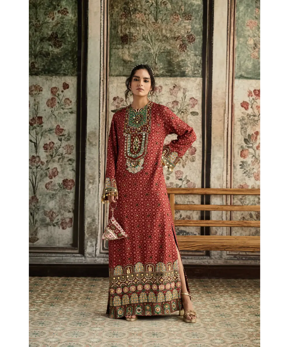 DIYARAJVVIR - Sage-Maroon Print and Highlighted Kaftan